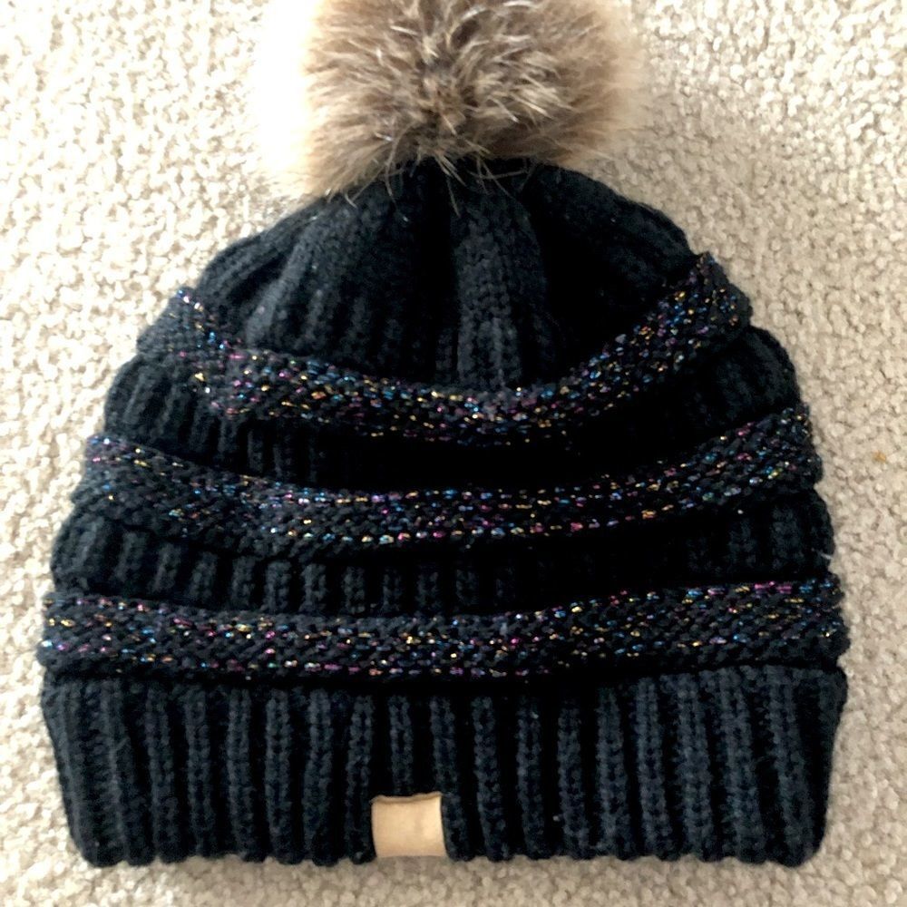 SO Women’s Black with Metallic Specks Cozy Soft Knit Hat with Pom Pom- OSFM